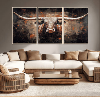 24779067-MGV-CV-36X24-Longhorn Bull Wall Art – Western Rustic Canvas Print, Bold Cowboy Cattle Painting for Ranch House, Farmhouse, Office, or Living
