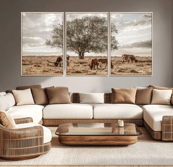 87590224-MGV-CV-36X24-Longhorn Cattle Wall Art – Rustic Western Landscape Canvas Print, Texas Farmhouse Prairie Scene for Living Room, Office, or Ranch