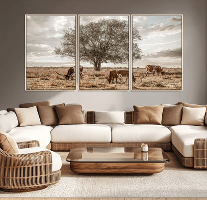 87590224-MGV-CV-36X24-Longhorn Cattle Wall Art – Rustic Western Landscape Canvas Print, Texas Farmhouse Prairie Scene for Living Room, Office, or Ranch