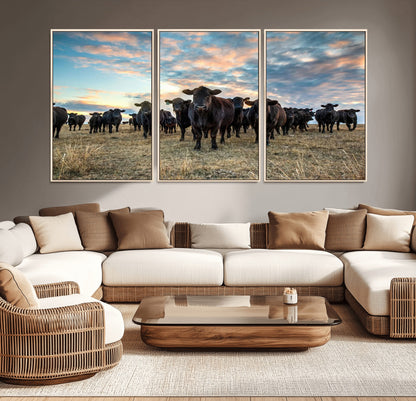 13867292-MGV-CV-36X24-Black Cattle Wall Art – Rustic Ranch Herd Canvas Print, Western Farmhouse Country Landscape Decor for Living Room, Office, or