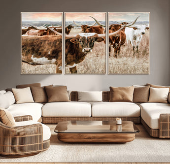 47758300-MGV-CV-36X24-Texas Longhorn Cattle Wall Art – Rustic Western Herd Canvas Print, Cowboy Ranch Farmhouse Decor for Living Room, Office, or