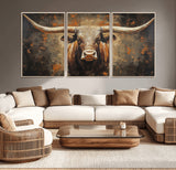 19204445-MGV-CV-36X24-Texas Longhorn Bull Wall Art – Rustic Western Canvas Print, Bold Cowboy Cattle Painting for Ranch House, Farmhouse, Office, or