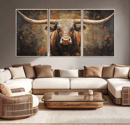 19204445-MGV-CV-36X24-Texas Longhorn Bull Wall Art – Rustic Western Canvas Print, Bold Cowboy Cattle Painting for Ranch House, Farmhouse, Office, or