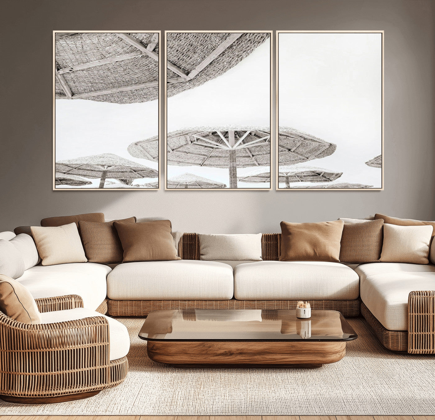 97043123-MGV-CV-36X24-Beach Umbrella Wall Art – Minimalist Coastal Canvas Print, Woven Parasol Summer Decor for Bedroom, Living Room, or Modern Beach