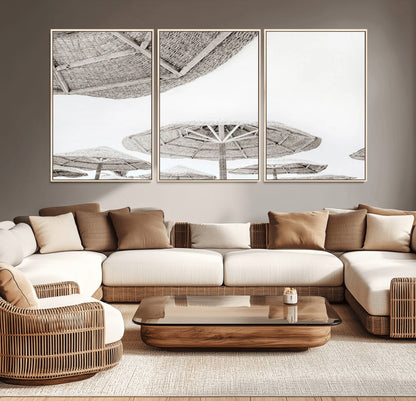 97043123-MGV-CV-36X24-Beach Umbrella Wall Art – Minimalist Coastal Canvas Print, Woven Parasol Summer Decor for Bedroom, Living Room, or Modern Beach