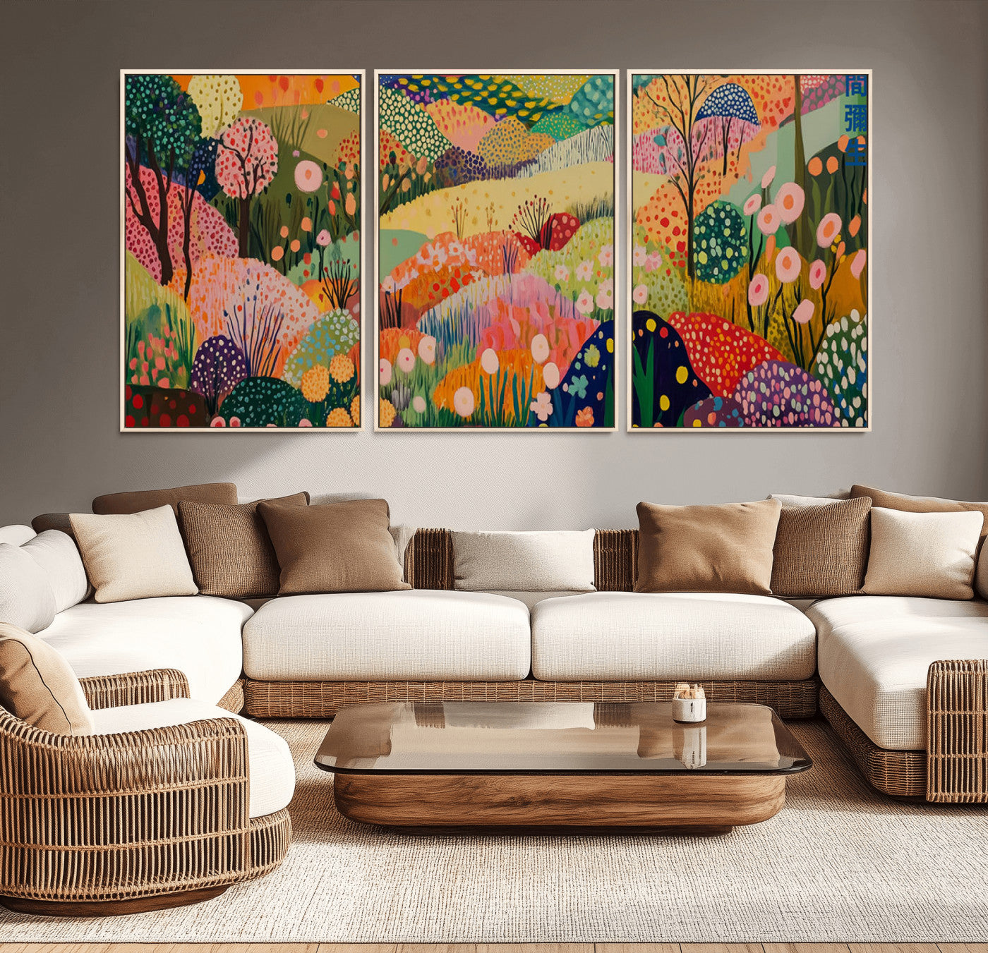 79636380-MGV-CV-36X24-Colorful Abstract Landscape Wall Art – Vibrant Hills and Flowers Canvas Print, Modern Whimsical Artwork for Living Room, Bedroom,