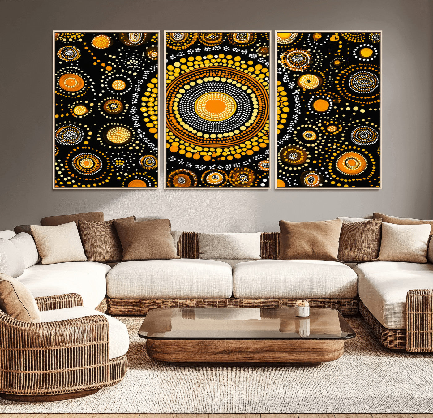 45478523-MGV-CV-36X24-Abstract Circle Wall Art – Bold Black and Gold Dot Painting Canvas Print, Modern Geometric Mandala Style Decor for Living Room or