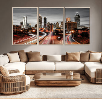 59097239-MGV-CV-36X24-City Skyline Wall Art – Modern Black and White Night Canvas Print with Red Light Trails, Urban Landscape Decor for Living Room or