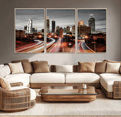 59097239-MGV-CV-36X24-City Skyline Wall Art – Modern Black and White Night Canvas Print with Red Light Trails, Urban Landscape Decor for Living Room or