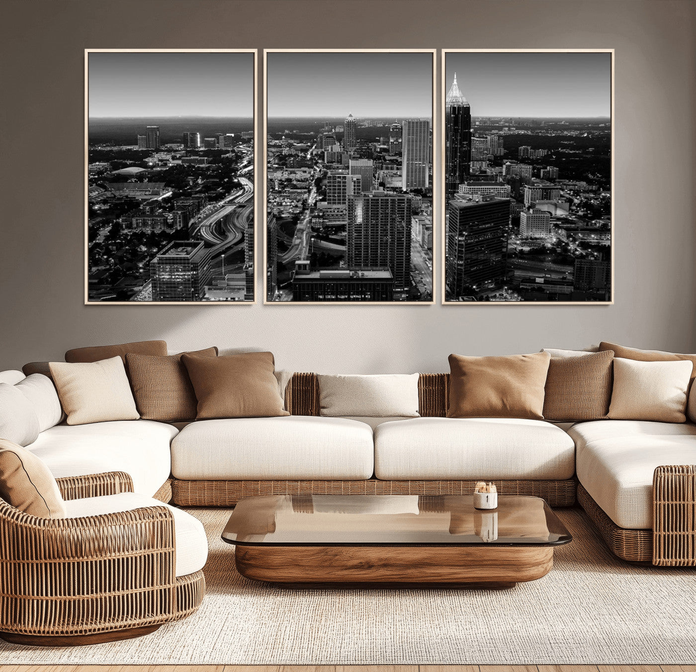 46578567-MGV-CV-36X24-Atlanta Skyline Wall Art – Black and White Cityscape Canvas Print, Modern Urban Night Decor for Office, Living Room, or Apartment