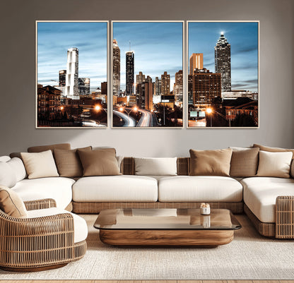 23859158-MGV-CV-36X24-Atlanta Skyline Wall Art – Modern Cityscape Canvas Print with Night Lights and Traffic Trails, Urban Decor for Office, Apartment,