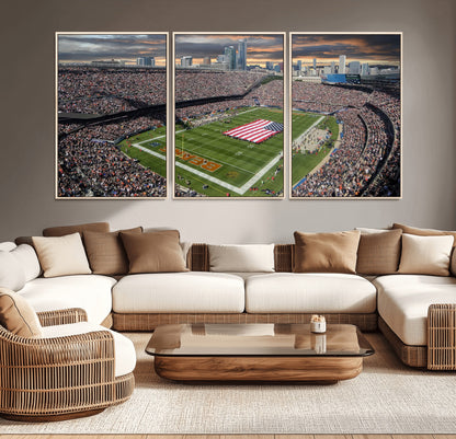 98106777-MGV-CV-36X24-Soldier Field Wall Art – Chicago Bears Stadium Canvas Print with American Flag, Game Day Football Decor for Man Cave, Bar, or
