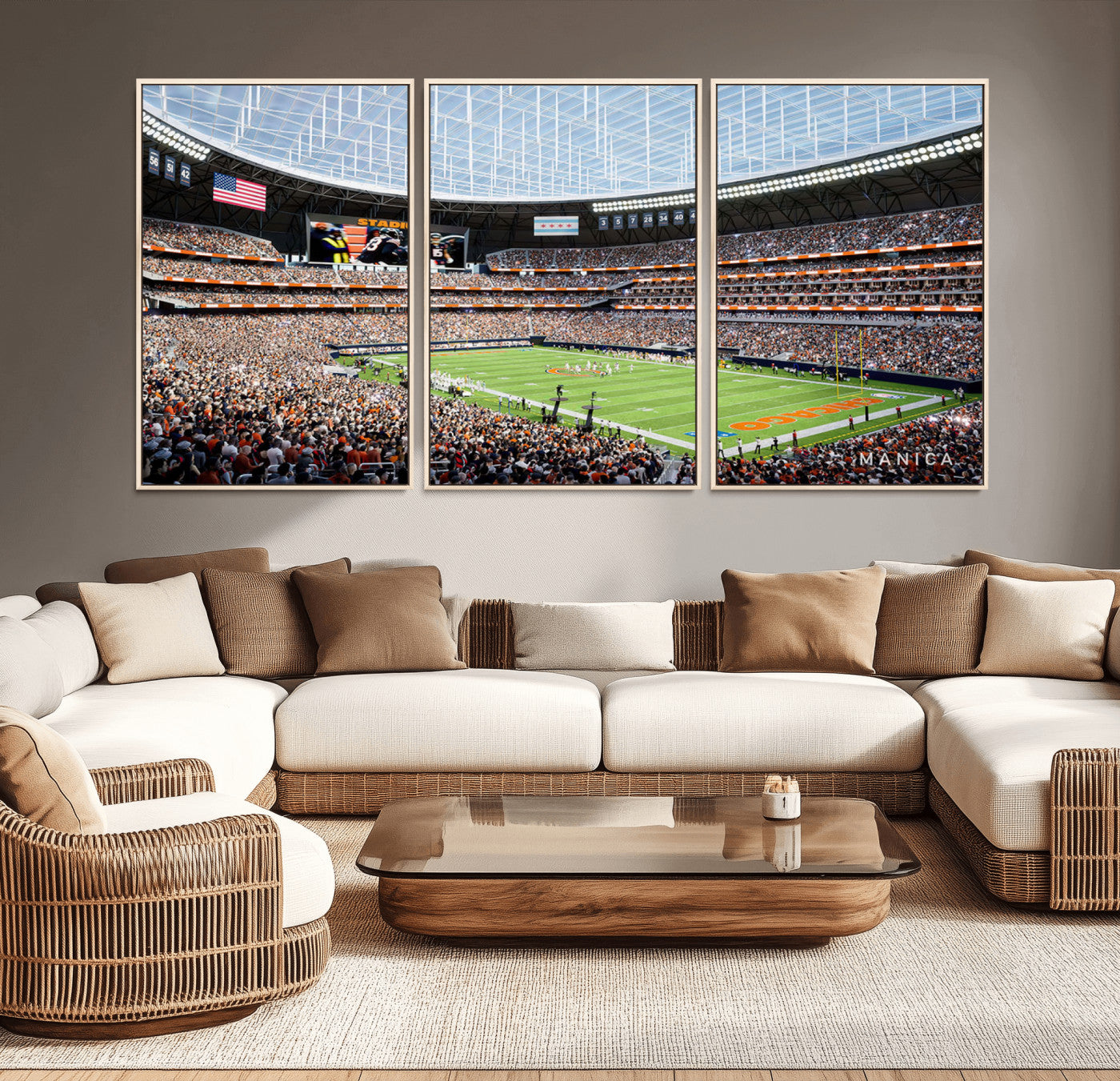 32530647-MGV-CV-36X24-Chicago Bears Stadium Wall Art – Futuristic Dome Arena Canvas Print, Modern Football Concept Design Decor for Man Cave, Bar, or