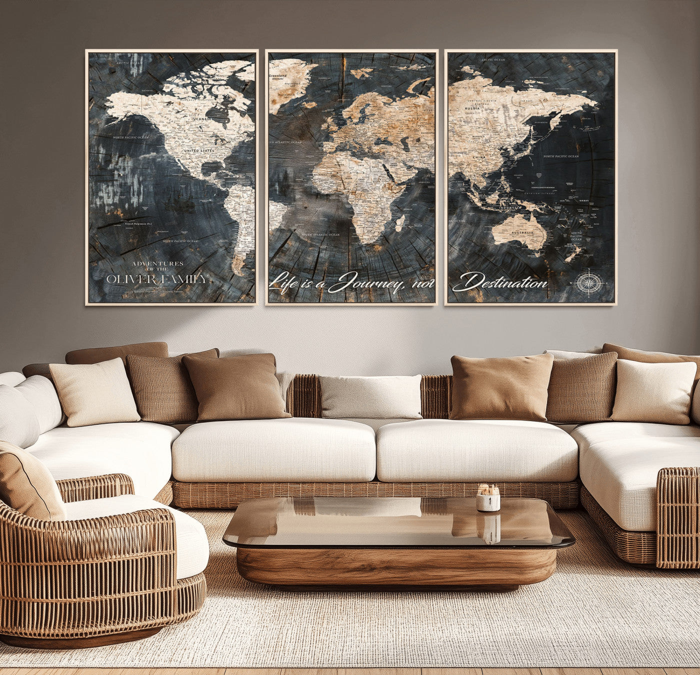 37848568-MGV-CV-36X24-Life is a Journey Not a Destination World Map Rustic Wood Texture Vintage Beige Navy Adventure Wall Art Canvas Print for Home