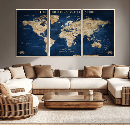 54782997-MGV-CV-36X24-The World is Ours to Explore Wall Art – Blue World Map Canvas Print, Adventure Travel Decor for Home, Office or Living Room,