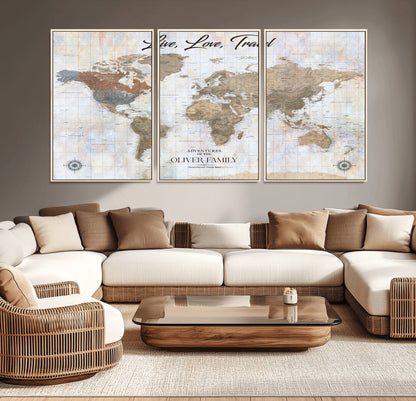 43924907-MGV-CV-36X24-Live Love Travel Wall Art – Neutral World Map Canvas Print, Rustic Adventure Decor for Home, Office or Living Room, Unique Gift