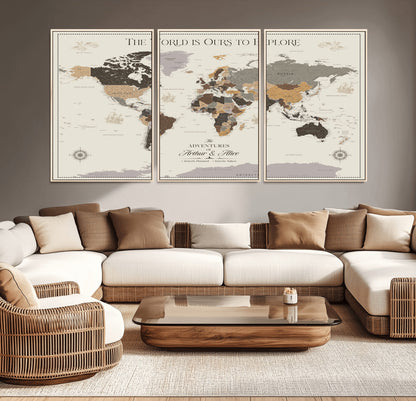 90024882-MGV-CV-36X24-The World is Ours to Explore Wall Art – Earth Tone World Map Canvas Print, Adventure Travel Decor for Living Room, Office or