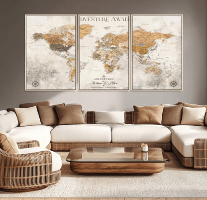 99422096-MGV-CV-36X24-Adventure Awaits World Map Wall Art – Neutral Beige Canvas Print, Modern Travel Inspired Wall Decor for Living Room, Bedroom or