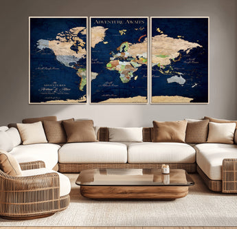 43160428-MGV-CV-36X24-Adventure Awaits Navy Blue World Map – Vibrant Travel Canvas Wall Art, Antique Atlas Print, Wanderlust Decor for Home Office