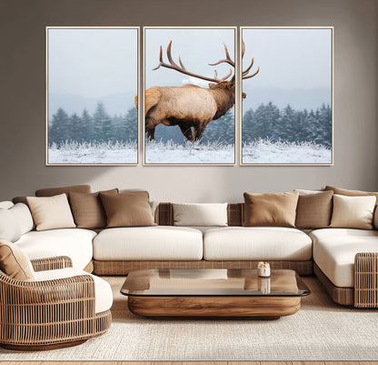 85177251-MGV-CV-36X24-Elk Wall Art – Majestic Wildlife Canvas Print of Bull Elk Snowy Forest, Rustic Nature Decor for Living Room, Cabin, or Office