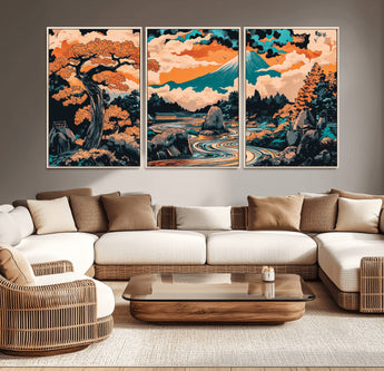 21638941-MGV-CV-36X24-Japanese Landscape Wall Art – Mount Fuji and Flowing River Ukiyo-e Style Canvas Print, Traditional Japan Inspired Artwork for