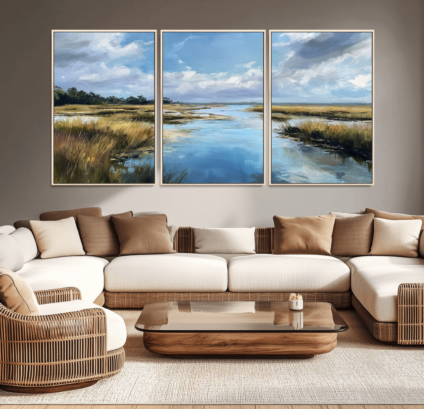 87082041-MGV-CV-36X24-Painted Marshland Canvas Wall Art – Serene Water Reflection, Blue Sky, Golden Grass Landscape, Calm Nature Decor for Home, Office,
