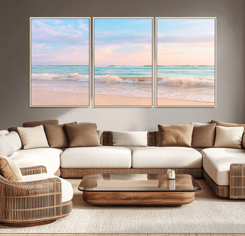 88024944-MGV-CV-36X24-Beach Landscape Wall Art – Coastal Ocean Canvas Print with Gentle Waves and Pastel Sky, Serene Seascape Photography for Living