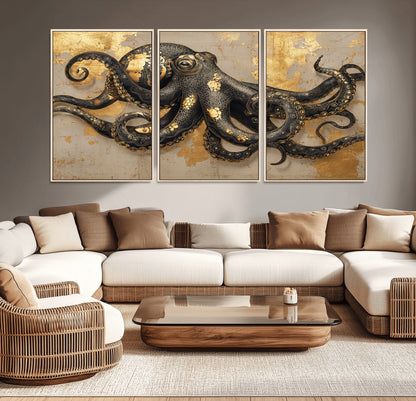 57944271-MGV-CV-36X24-Octopus Wall Art – Black and Gold Nautical Canvas Print, Modern Ocean Inspired Artwork with Elegant Detailing, Coastal Marine