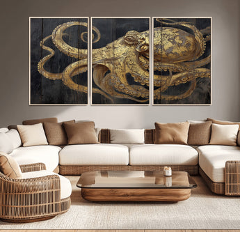 47056538-MGV-CV-36X24-Octopus Wall Art – Gold Nautical Canvas Print with Rustic Wood Texture, Marine Creature Artwork for Coastal Ocean Decoration in