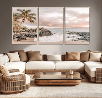 18005328-MGV-CV-36X24-Tropical Beach Canvas Wall Art – Palm Tree, Rocky Shoreline, Ocean Waves, Sunset Clouds, Calm Sea, Island Nature Relaxation for