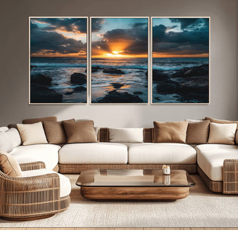 66040852-MGV-CV-36X24-Ocean Sunset Canvas Wall Art – Rocky Shore Waves, Dramatic Clouds, Golden Sun Rays, Coastal Nature, Serene Water Reflection for