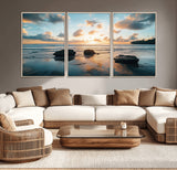 23879436-MGV-CV-36X24-Ocean Sunset Wall Art – Serene Seascape Canvas Print with Golden Sky, Reflections on Sand and Calm Waves, Peaceful Coastal