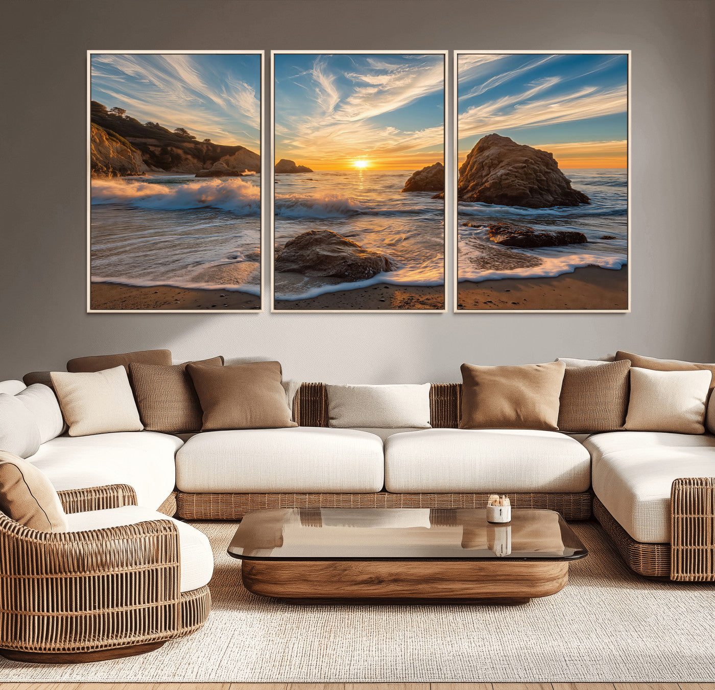 85659923-MGV-CV-36X24-Rocky Ocean Sunset Canvas Wall Art – Seaside Dramatic Seascape Print, Coastal Modern Decor, Ocean Sunset Art for Living Room or