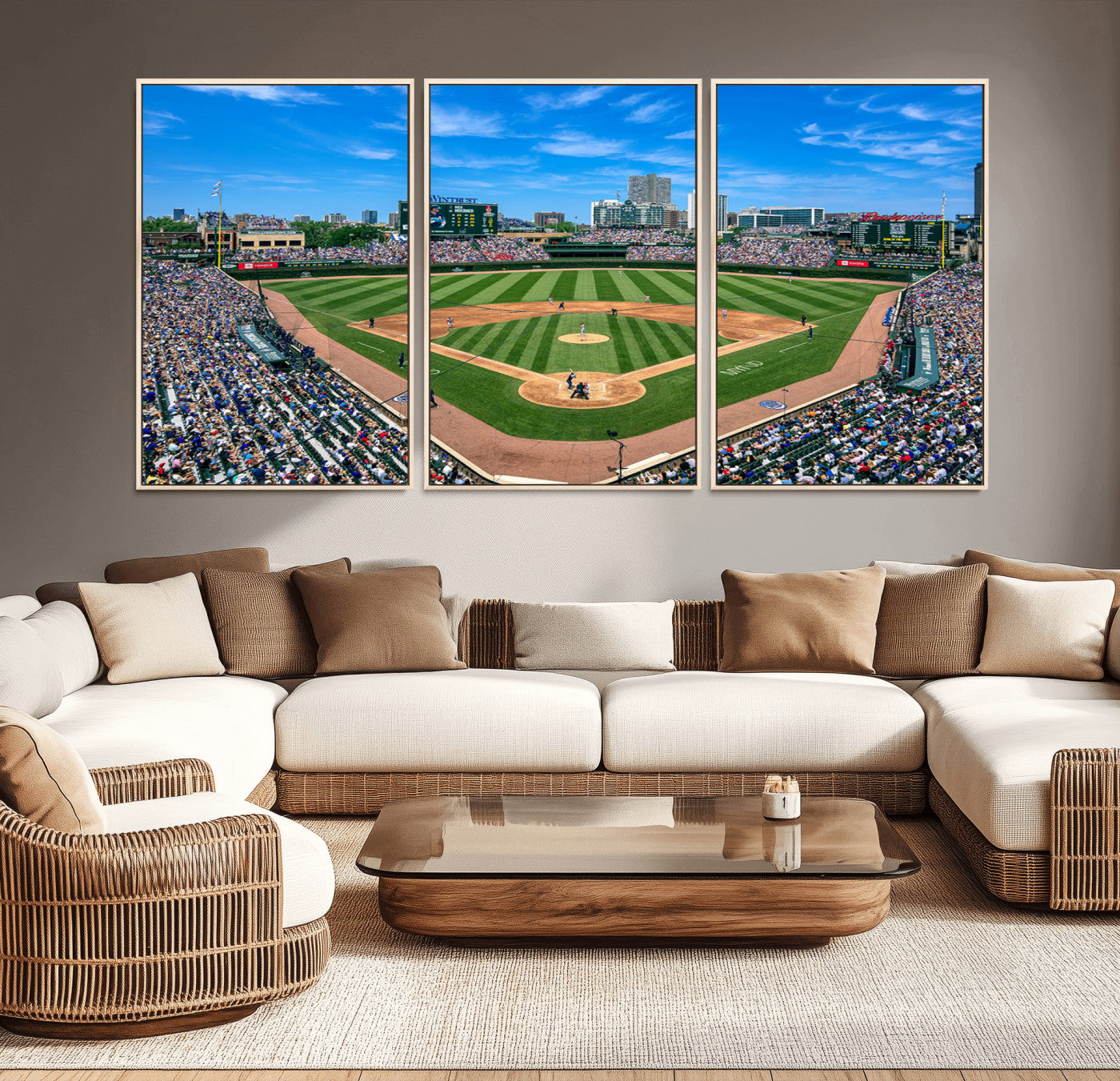 35800083-MGV-CV-36X24-Wrigley Field Baseball Stadium Canvas Wall Art – Packed Crowd Sports Stadium Print, City Skyline Baseball Field Canvas for Game