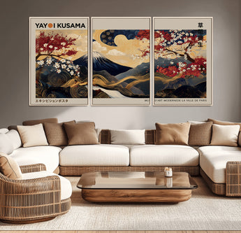 66892669-MGV-CV-36X24-Yayoi Kusama Japanese Inspired Canvas Print – Mt. Fuji & Floral Scene Wall Art, Framed Asian Style Canvas for Home, Office or