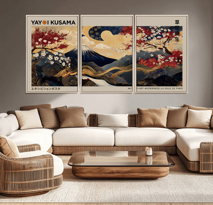 66892669-MGV-CV-36X24-Yayoi Kusama Japanese Inspired Canvas Print – Mt. Fuji & Floral Scene Wall Art, Framed Asian Style Canvas for Home, Office or