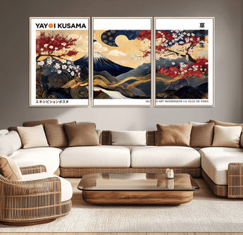 28945903-MGV-CV-36X24-Yayoi Kusama Inspired Japanese Art Canvas Print – Framed Floral & Mt. Fuji Wall Decor, Modern Asian Style Canvas for Home, Office,