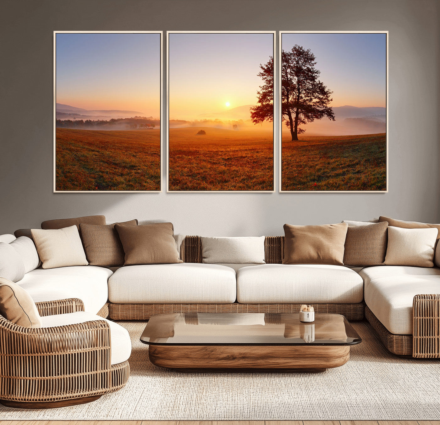 57919623-MGV-CV-36X24-Sunrise Landscape Wall Art – Golden Morning Canvas Print with Tree, Misty Hills and Open Field, Peaceful Nature Photography for