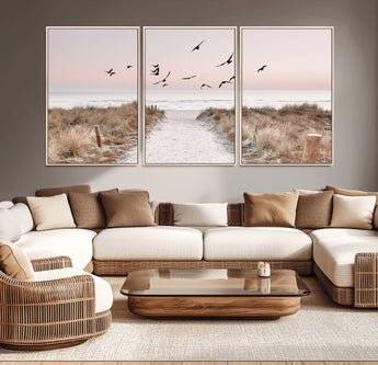 34632598-MGV-CV-36X24-Coastal Pathway Canvas Wall Art – Framed Seaside Landscape, Large Beach and Birds Canvas Print for Home, Office, or Living Room