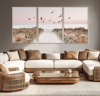 34632598-MGV-CV-36X24-Beach Pathway Wall Art – Coastal Canvas Print with Sandy Trail, Flying Birds and Pastel Sky, Serene Ocean Landscape Photography