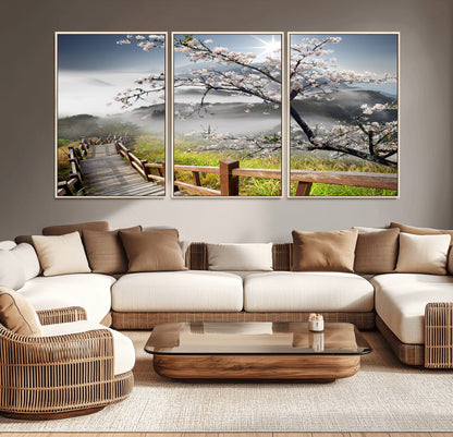 34632598CRY-MGV-CV-36X24-Cherry Blossom Wall Art – Scenic Asian Landscape Canvas Print with Wooden Walkway, Misty Mountains and Sunrise, Serene Nature