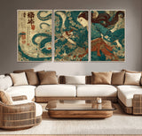 46837670-MGV-CV-36X24-Tsukioka Yoshitoshi Samurai Wall Art Print, Japanese Katana Warrior Canvas Wall Art, Octopus Sea Monster Canvas Print,