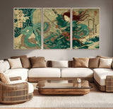 86918027-MGV-CV-36X24-Tsukioka Yoshitoshi Samurai Wall Art Print, Japanese Katana Warrior Canvas Wall Art, Octopus Sea Monster Canvas Print,