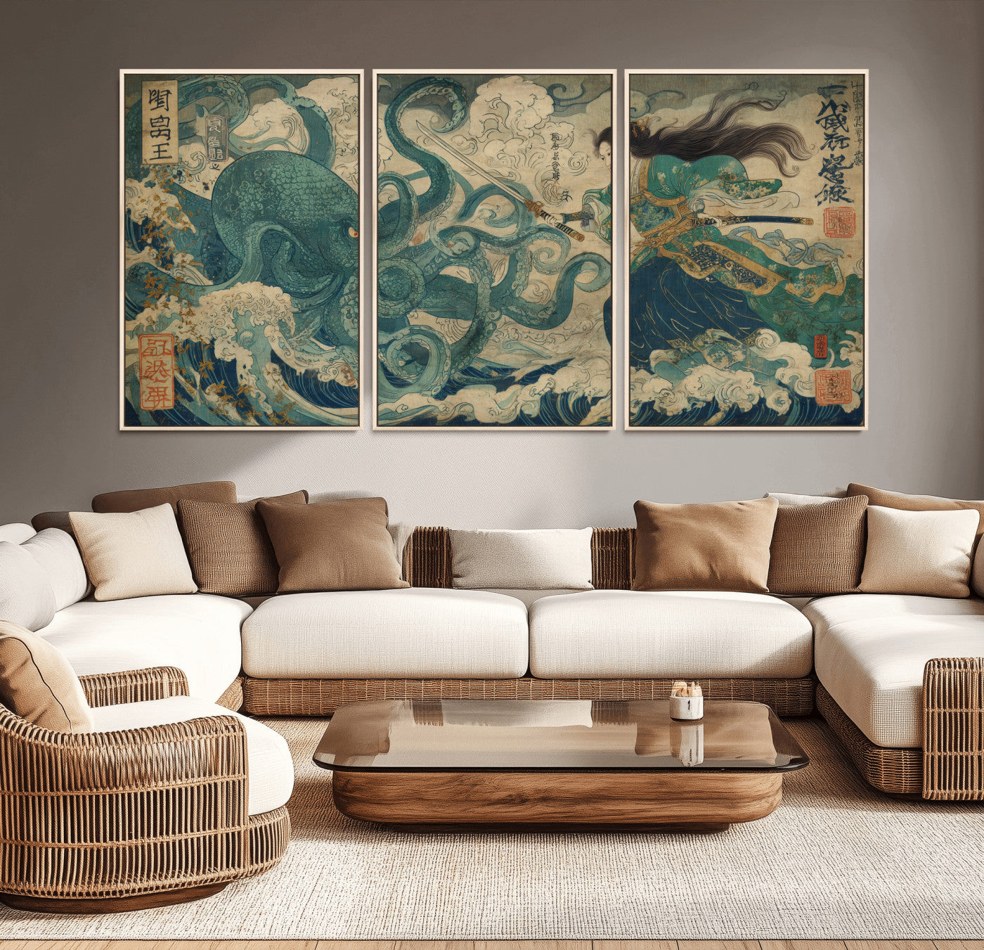 60346622-MGV-CV-36X24-Samurai Warrior vs Octopus Wall Art – Japanese Ukiyo-e Style Ocean Battle Canvas Print, Traditional Samurai Artwork for Living