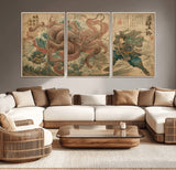 63782167-MGV-CV-36X24-Tsukioka Yoshitoshi Samurai Wall Art Print, Japanese Katana Warrior Canvas Wall Art, Octopus Sea Monster Canvas Print,