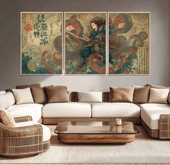 98593115-MGV-CV-36X24-Tsukioka Yoshitoshi Samurai Wall Art Print, Japanese Katana Warrior Canvas Wall Art, Octopus Sea Monster Canvas Print,