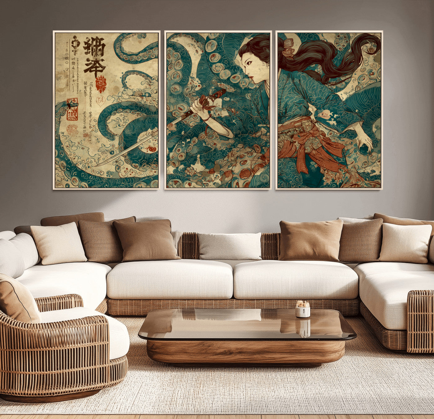 18575670-MGV-CV-36X24-Tsukioka Yoshitoshi Samurai Wall Art Print, Japanese Katana Warrior Canvas Wall Art, Octopus Sea Monster Canvas Print,