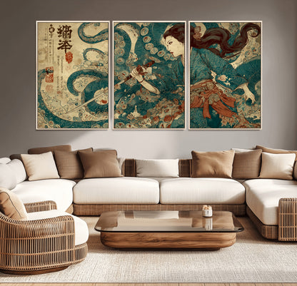 18575670-MGV-CV-36X24-Tsukioka Yoshitoshi Samurai Wall Art Print, Japanese Katana Warrior Canvas Wall Art, Octopus Sea Monster Canvas Print,
