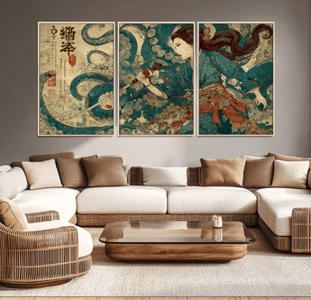 18575670-MGV-CV-36X24-Samurai Woman vs Octopus Wall Art – Japanese Ukiyo-e Ocean Battle Canvas Print, Traditional Warrior Artwork for Living Room,