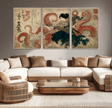 50812504-MGV-CV-36X24-Samurai Woman vs Octopus Wall Art – Japanese Ukiyo-e Red Tentacle Canvas Print, Ocean Battle Artwork for Living Room, Office, Man